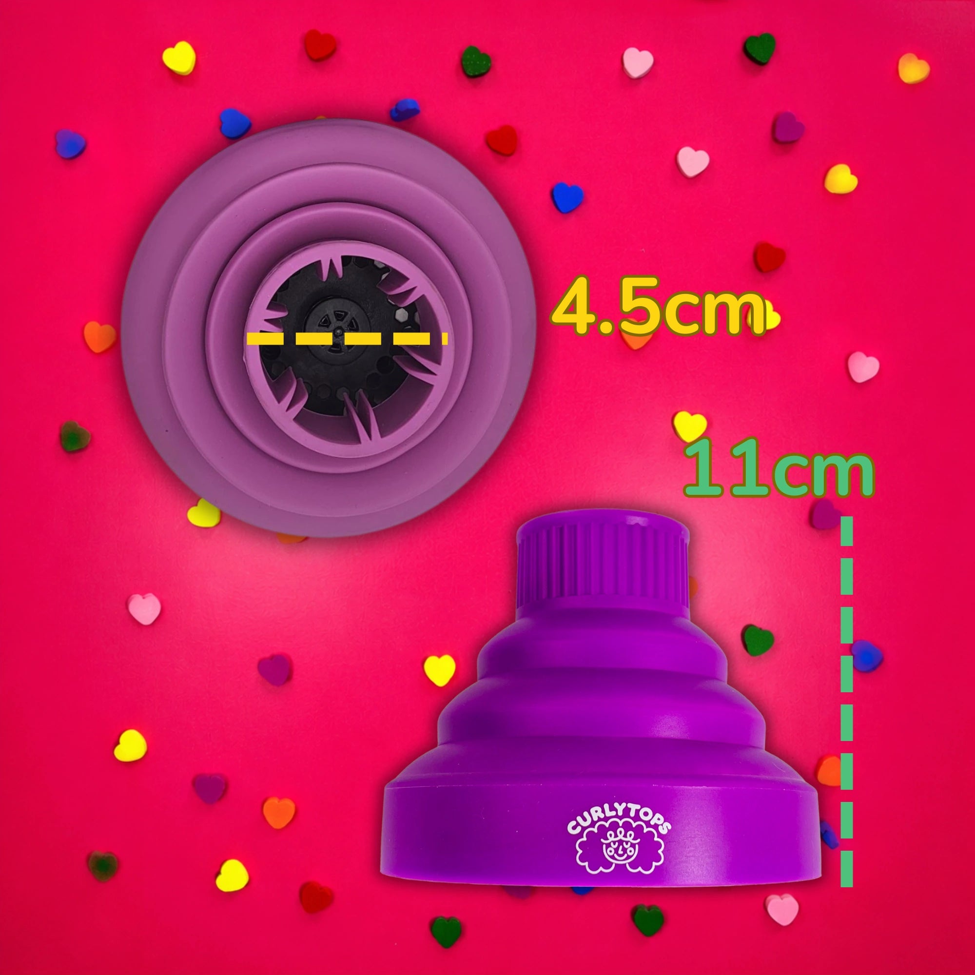 Purple curly hair diffuser with 4.5 cm x 11 cm standard opening measurements on a pink background with colorful hearts