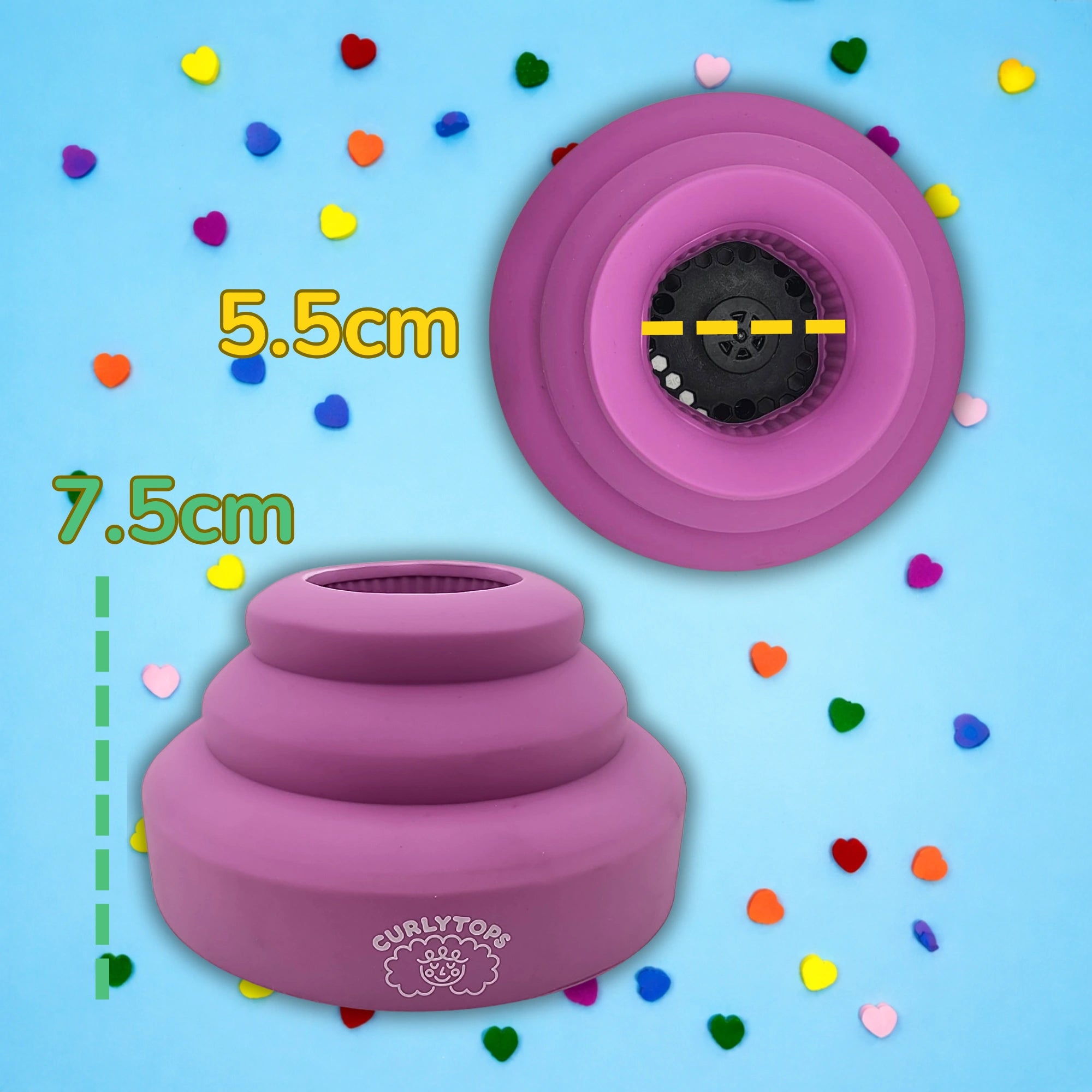 Purple curly hair diffuser 5.5 cm opening measurements and colorful heart shapes on a blue background